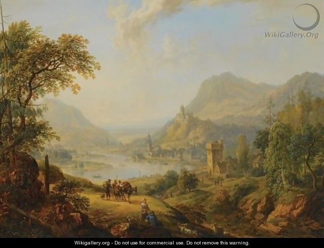 An Extensive Rhenish Landscape With Shepherds And Travellers Resting On A Path In The Foreground, A View Of A Castle And A Village Beyond - Christian Georg II Schutz or Schuz