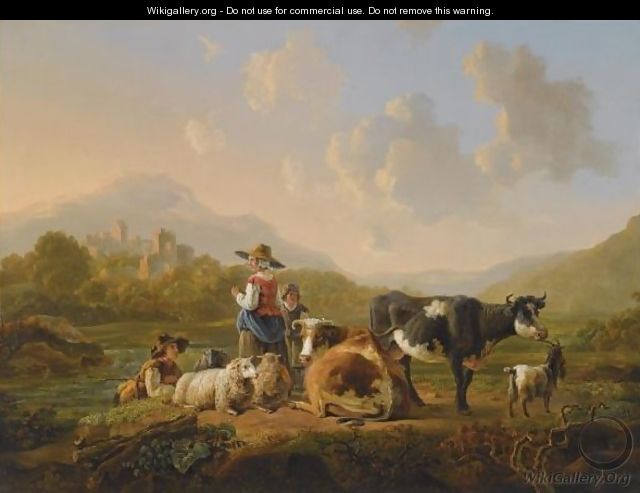 A Southern Hilly Landscape With Shepherds Resting With Their Herd, A View Of Ruins Beyond - Jacob van Strij