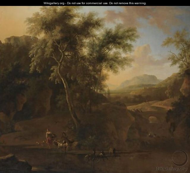 An Italianate Wooded River Landscape With Shepherds And Their Herd Of Goats In The Foreground - Frederick De Moucheron