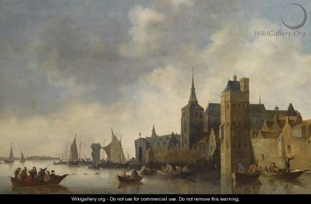 A River Landscape With Fishermen In Small Vessels Near The City Of Antwerp, With A Church Tower On The Right, Sailing Boats In The Background - (after) Jan Van Goyen