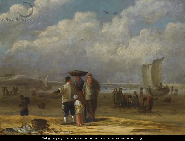 Fishermen And Women Conversing On The Beach, Other Fishermen Unloading Their Catch In The Background - Cornelis van de Velde