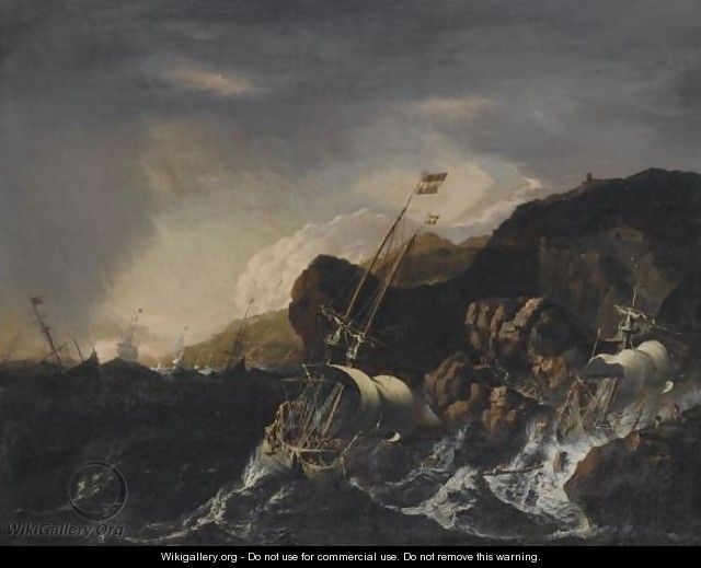 Shipping In A Heavy Storm Along A Rocky Coast, A Shipwreck In The Foreground, Figures Coming To The Rescue On The Shore - (after) Mattthieu Van Plattenberg