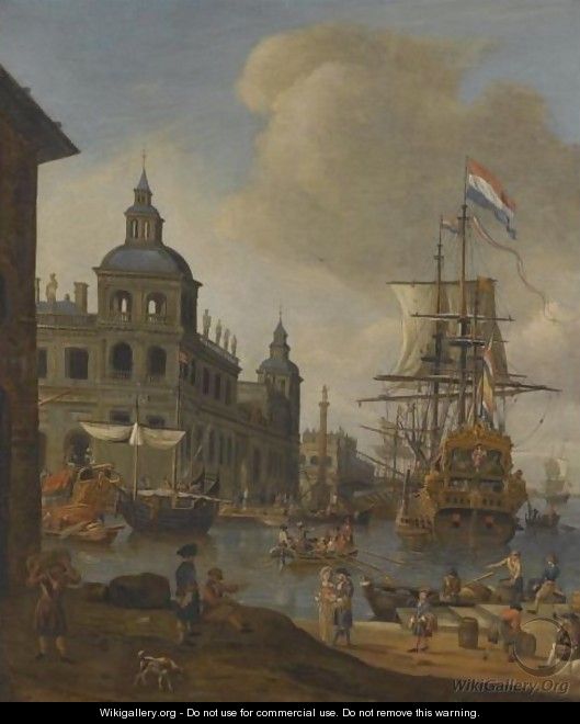 A Capriccio View Of A Mediterranean Harbour With A Dutch Merchant Ship, Elegant Figures On The Quay And Men Unloading Their Ware In The Foreground - (after) Abraham Storck