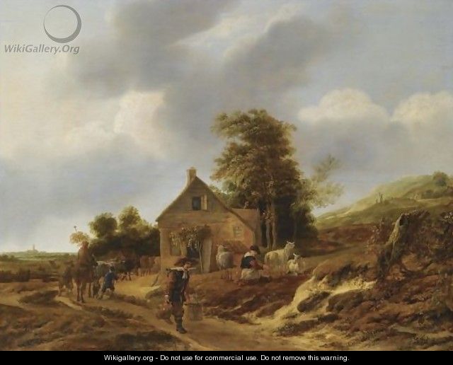 A Dune Landscape With A Peasant Woman Milking Sheep Outside A Farmhouse - Jan Baptist Wolfaerts