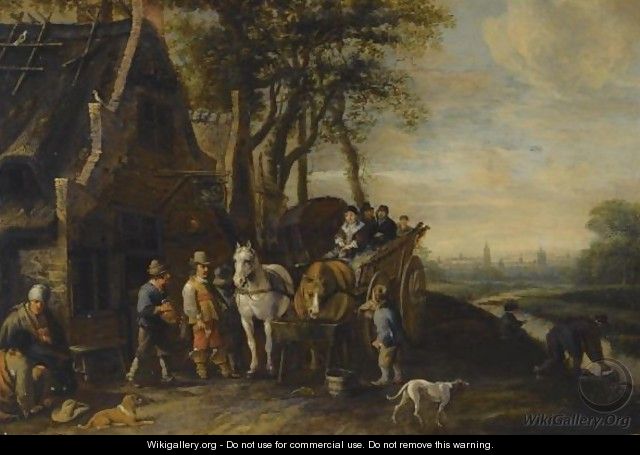 Travellers In A Horse-Drawn Wagon And Other Figures Outside An Inn, A View Of Delft With The Oude And Nieuwe Kerk Beyond - Anthonie Palamedesz. (Stevaerts, Stevens)