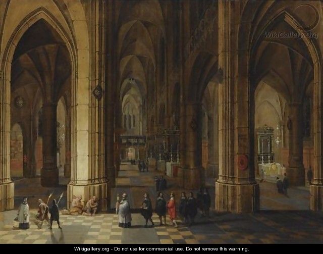 A Church Interior Of The Cathedral Of Antwerp With A Procession In The Foreground And Beggars Seated To The Left - Pieter the Younger Neefs
