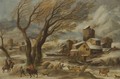 A River Landscape In Winter With Travellers And Herders In The Foreground - North-Italian School
