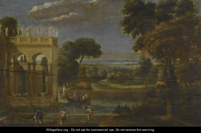 A Classical Wooded Landscape With Figures By A Palace - (after) Gian Battista Viola