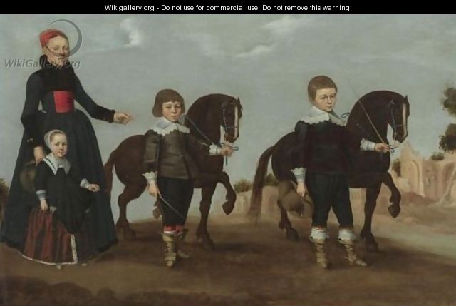 A Lady With Her Daughter And Two Sons And Their Pet Ponies - Dutch School