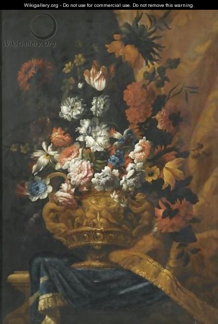 Still Life With Flowers In An Elaborate, Sculpted Bronze Urn, Resting On A Stone Ledge - (after) Pieter Casteels III
