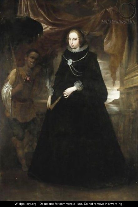 Portrait Of A Lady, Full Length, Holding A Fan, With Her Moorish Attendant Holding A Parasole - (after) Giovanni Bernardo Carbone