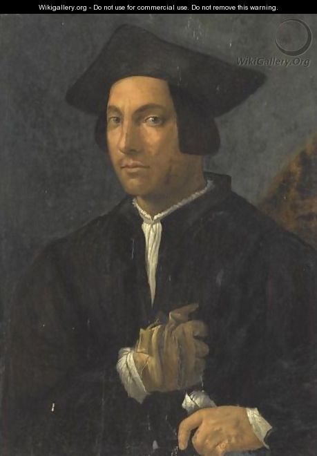 Portrait Of A Gentleman, Half-Length, Wearing A Black Jacket And Hat, And One Glove, And Holding A Letter - Francesco Franciabigio