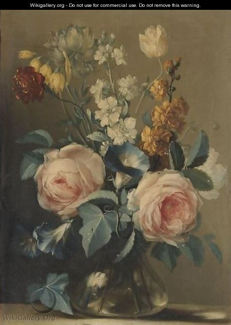A Still Life With Roses And Other Flowers In A Glass Vase - (after) Ludovico Stern