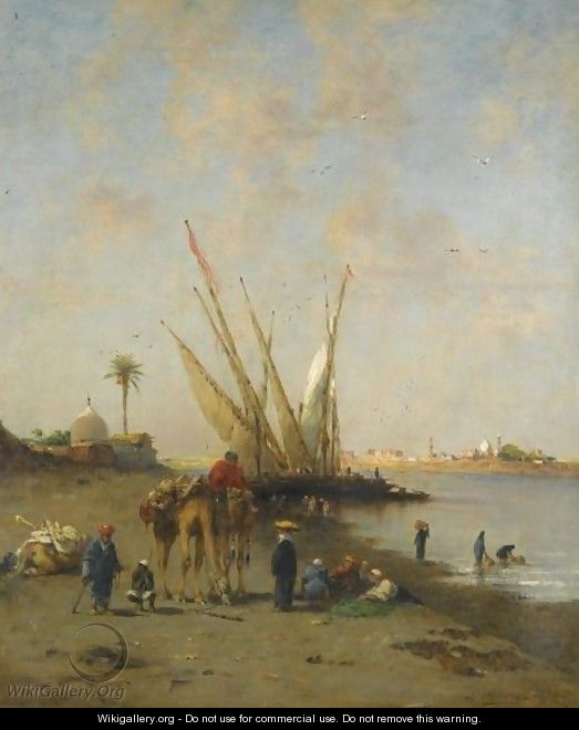 Felouques Et Chameliers Au Bord Du Nil - Narcisse Berchere