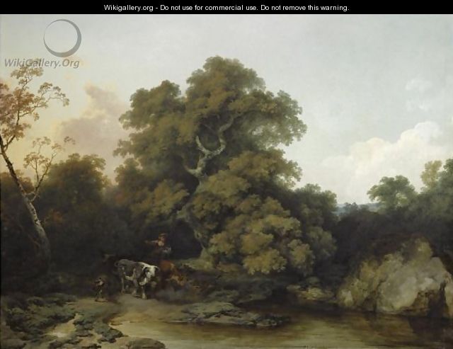 A Young Maid Watering The Cattle In A Wooded, River Landscape - Philip Jacques de Loutherbourg