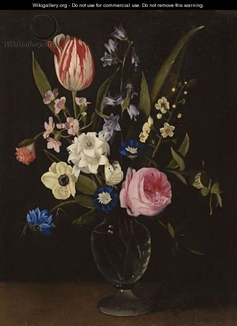 Still Life With A Rose, A Tulip, A Cornflower, Morning Glory, Primuli And Other Flowers In A Glass Vase On A Ledge - Maria Theresia Van Thielen