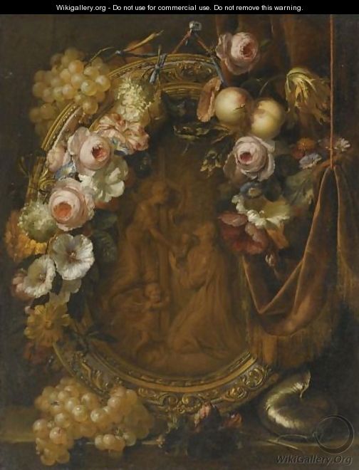 Still Life With A Garland Of Fruit And Flowers Adorning A Bronze Relief Of The Agony In The Garden - Heroman Van Der Mijn