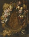 Still Life With A Garland Of Fruit And Flowers Adorning A Bronze Relief Of The Agony In The Garden - Heroman Van Der Mijn