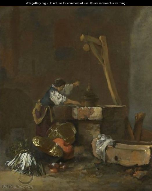A Woman Pulling Water From A Well, A Pile Of Vegetables At Her Feet - Willem Kalf