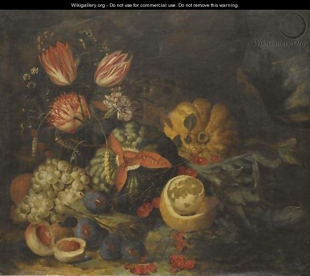 A Still Life With Tulips, Carnations, Grapes, Melons, Peaches, Cherries And A Partly Peeled Lemon - Jan Pauwel II the Younger Gillemans