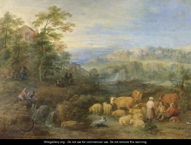 A Summer Landscape With Shepherds And Herdsmen Resting Their Sheep And Cattle By A Stream - Theobald Michau