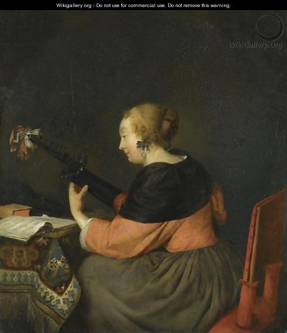 A Lady Seated At A Table Playing A Lute - (after) Gerard Ter Borch