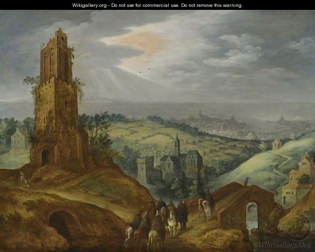 Landscape With Travellers On Horseback Beneath A Ruined Tower, A Distant City Beyond - Tobias van Haecht (see Verhaecht)