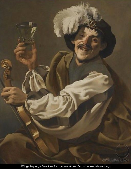 A Jovial Violinist Holding A Glass Of Wine - Hendrick Terbrugghen