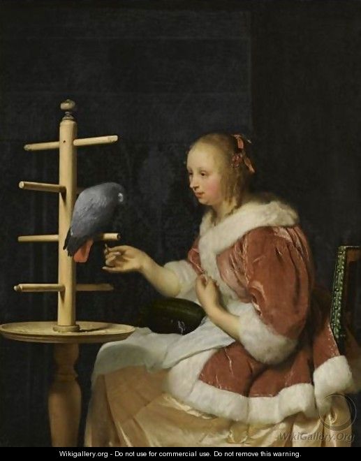 A Young Woman In A Red Jacket Feeding A Parrot - Frans van Mieris