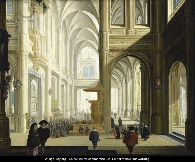 The Interior Of A Gothic Cathedral, With Numerous Elegant Figures, And Women Listening To A Bible Reading - Dirck Van Delen