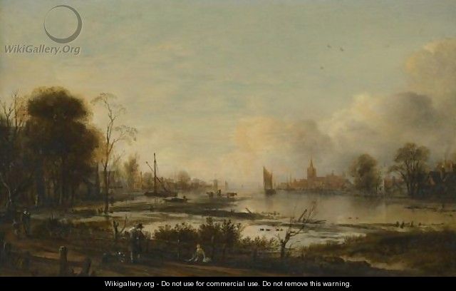 A River Estuary At Dusk With Figures Returning Home Along A Track, A Town Beyond - Aert van der Neer