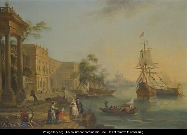 A Capriccio View Of The Custom House And Embankment In London With Figures On The Quay In The Foreground - Jean-Baptiste Lallemand