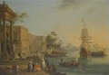 A Capriccio View Of The Custom House And Embankment In London With Figures On The Quay In The Foreground - Jean-Baptiste Lallemand
