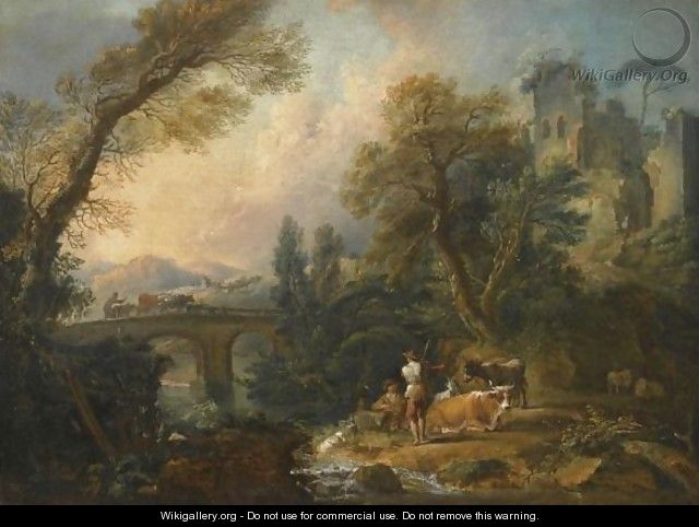 A Pastoral Landscape With Herders And Their Animals Resting Beside A River, A Bridge Beyond - Nicolas Jacques Julliard