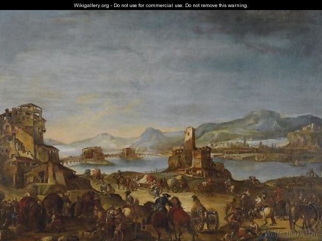 A River Landscape With Figures Preparing For Battle - Francesco Simonini
