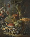 An Upturned Basket Of Figs, Together With Apricots, Other Fruit And Flowers In A Landscape Setting - Baldassare de Caro