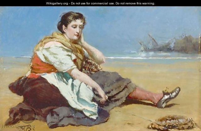 Fisher Girl Sitting On The Beach - Frank Buchser