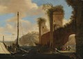 Harbor Scene With Ships, Ruins And Figures By An Archway - (after) Filippo (Il Napoletano) D'Angeli