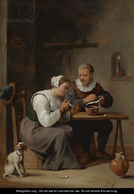 Interior With A Man And Woman Seated At A Table, The Woman Lighting A Pipe - (after) David The Younger Teniers