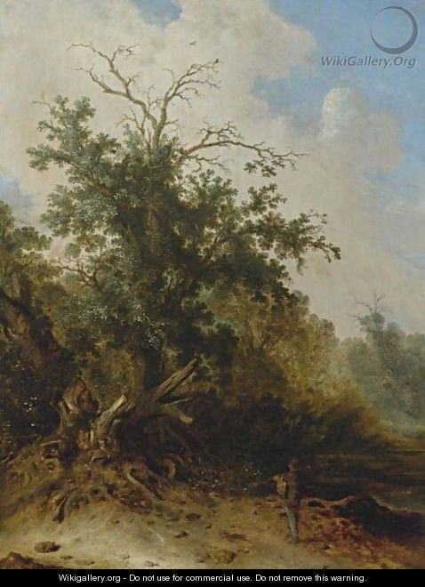 A Woodman Standing Before A Blasted Oak On A Forest Path - Jacobus Sibrandi Mancadan
