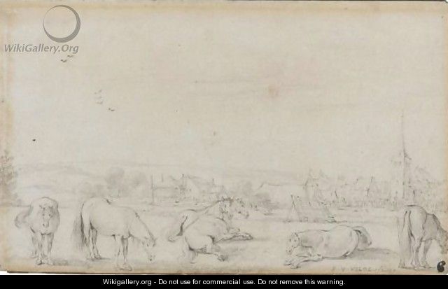 Horses In A Field Before A Town - Esaias Van De Velde