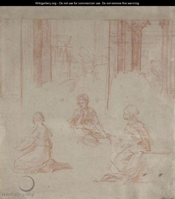 Three Female Figures With Architecture And Landscape Behind - Guido Reni