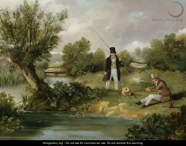 Two Gentlemen Fishing By A Stream - Samuel John Egbert Jones
