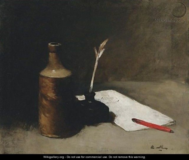 Still Life With Bottle, Inkpot And Letter - Germain Theodure Clement Ribot
