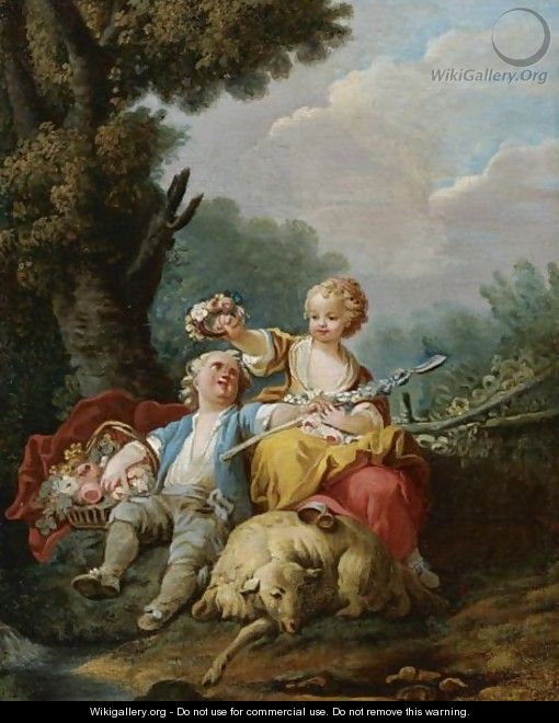 A Young Shepherd And Shepherdess Seated In A Pastoral Landscape - (after) Jean-Baptiste Huet I