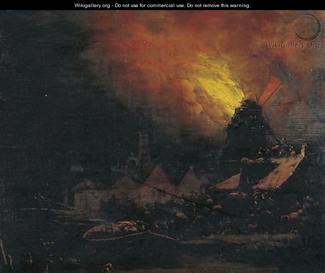 A Burning Mill At Night With Villagers Scrambling To Extinguish The Fire - Egbert Lievensz. Van Der Poel