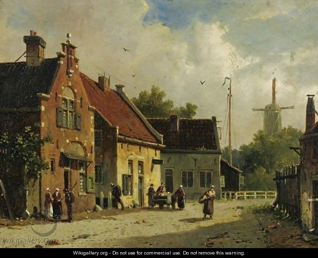 Village Street, Windmill In The Distance - Adrianus Eversen