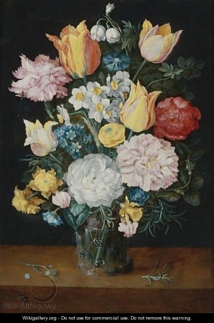 Still Life Of Tulips, Roses, Narcissus, Forget-Me-Nots, A Carnation And Other Flowers In A Glass Vase - Jan The Elder Brueghel