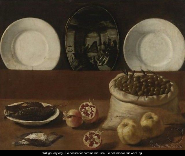 Still Life With Plates, A Sack Filled With Olives, Game, Pomegranates, And Quince - Paolo Antonio Barbieri