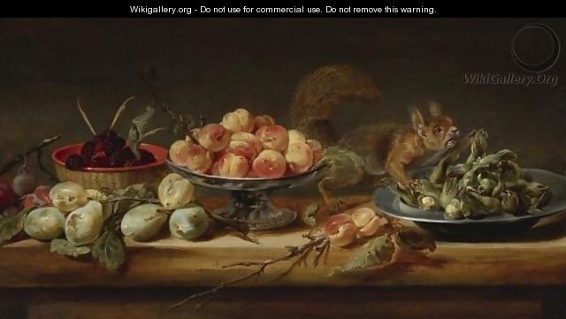 Still Life With Peaches In A Tazza, Hazelnuts On A Pewter Plate, Raspberries In A Basket, With Pears And A Squirrel On A Table - Frans Snyders